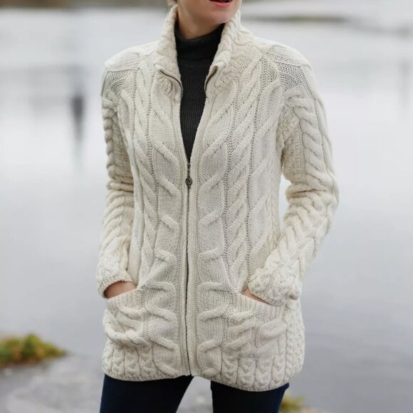 Aran Woollen Mills 100% Merino Wool Cable Knit Long Cardigan Sweater Jacket Coat - Picture 3 of 12